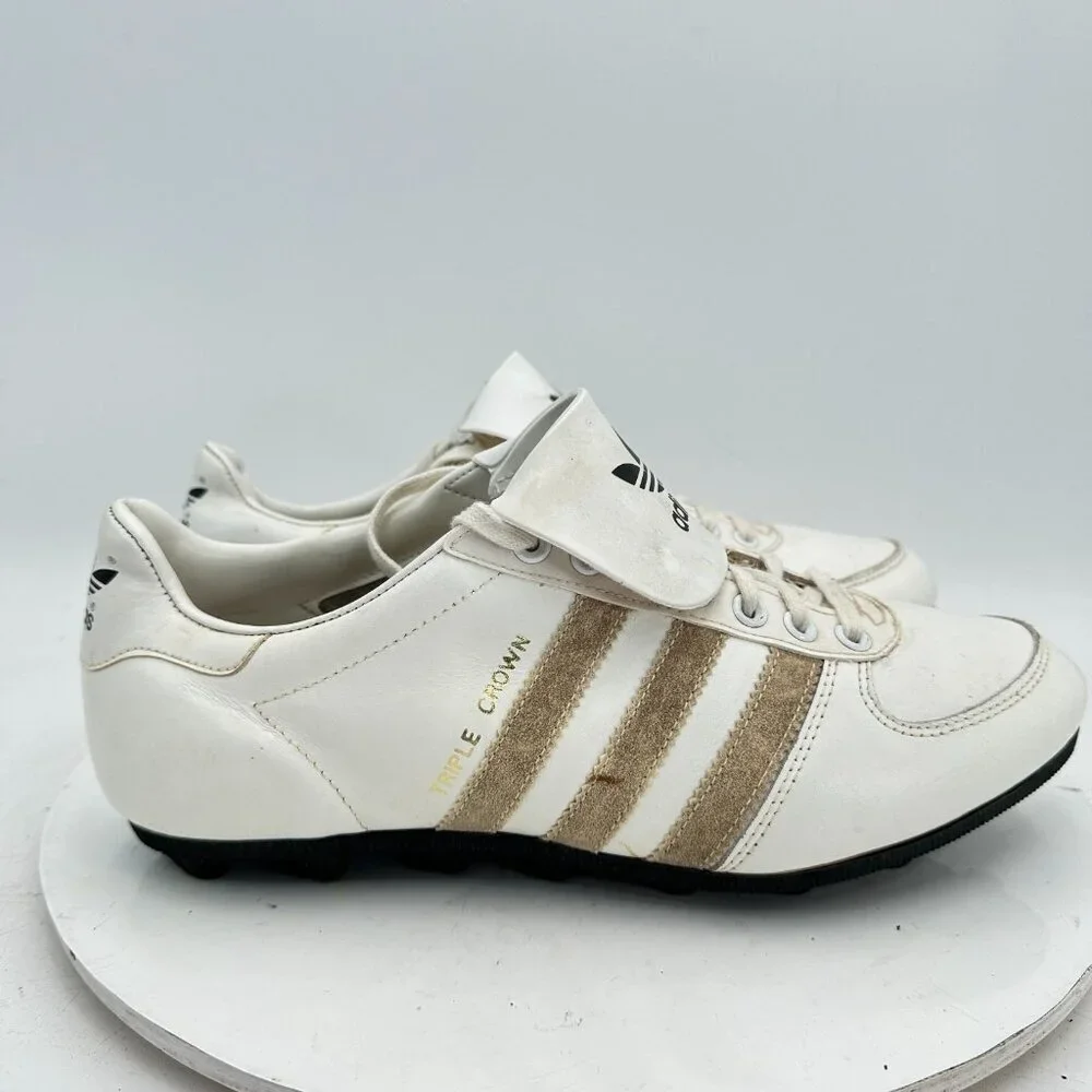 Vintge Adidas Triple Crown Men Size 8.5 Made In Taiwan White Beige Cleats Shoes